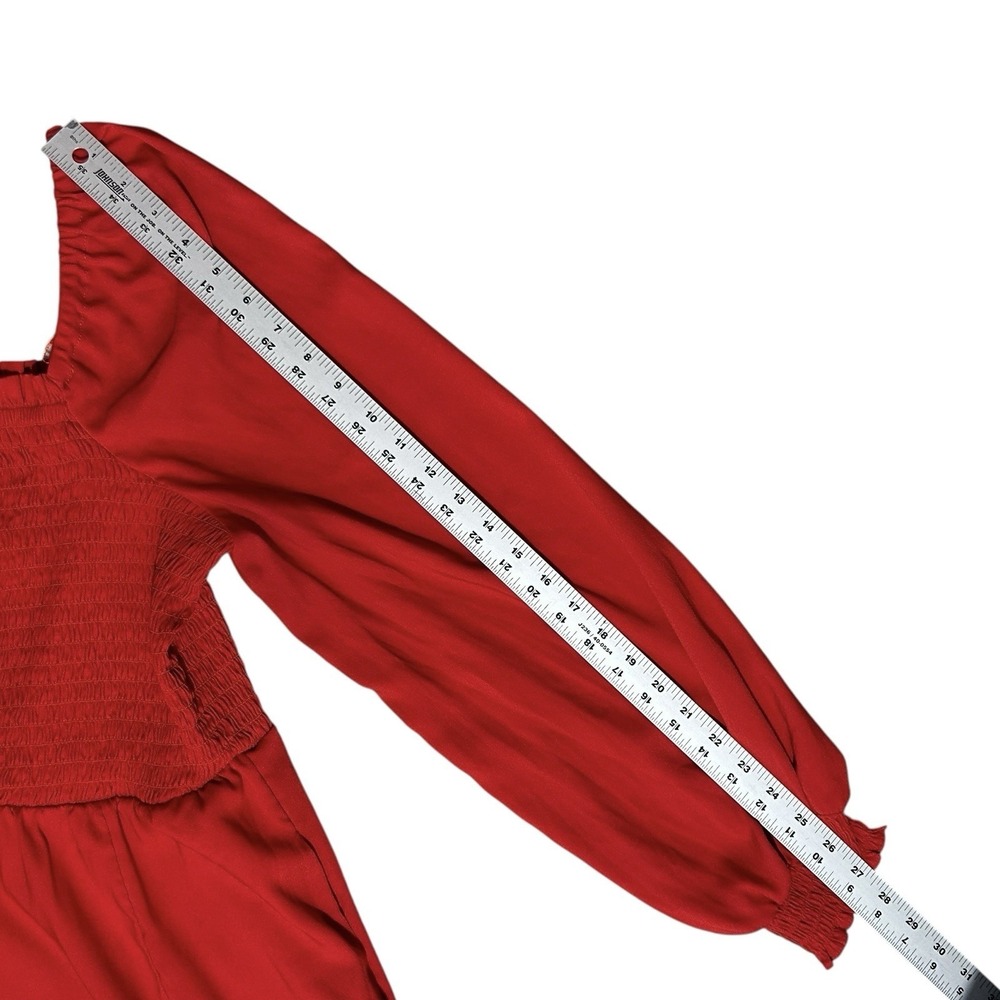 LA LIGNE Red Midi Dress sz L Smocked Bodice Balloon Sleeve Minimalist Workwear - Picture 6 of 12